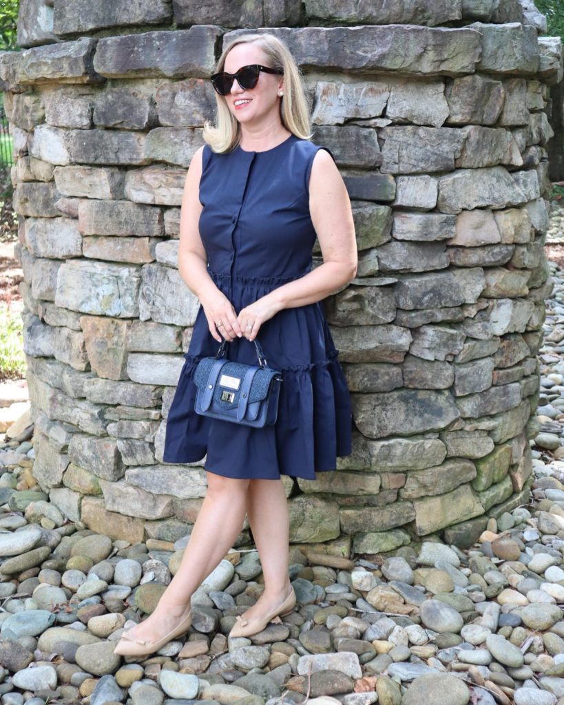 Navy Tiered Dress + Blue Satchel Bag + Nude Ballet Flats