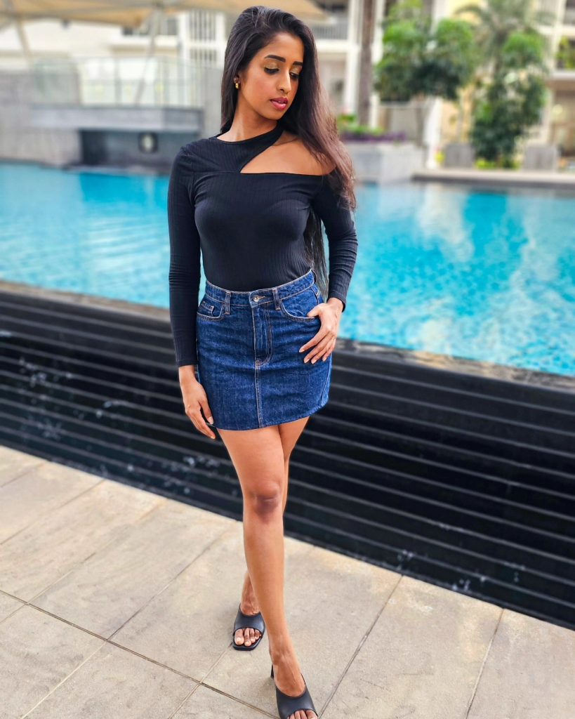 Black Cut-out Bodysuit + Denim Mini Skirt + Black Square-Toe Heels
