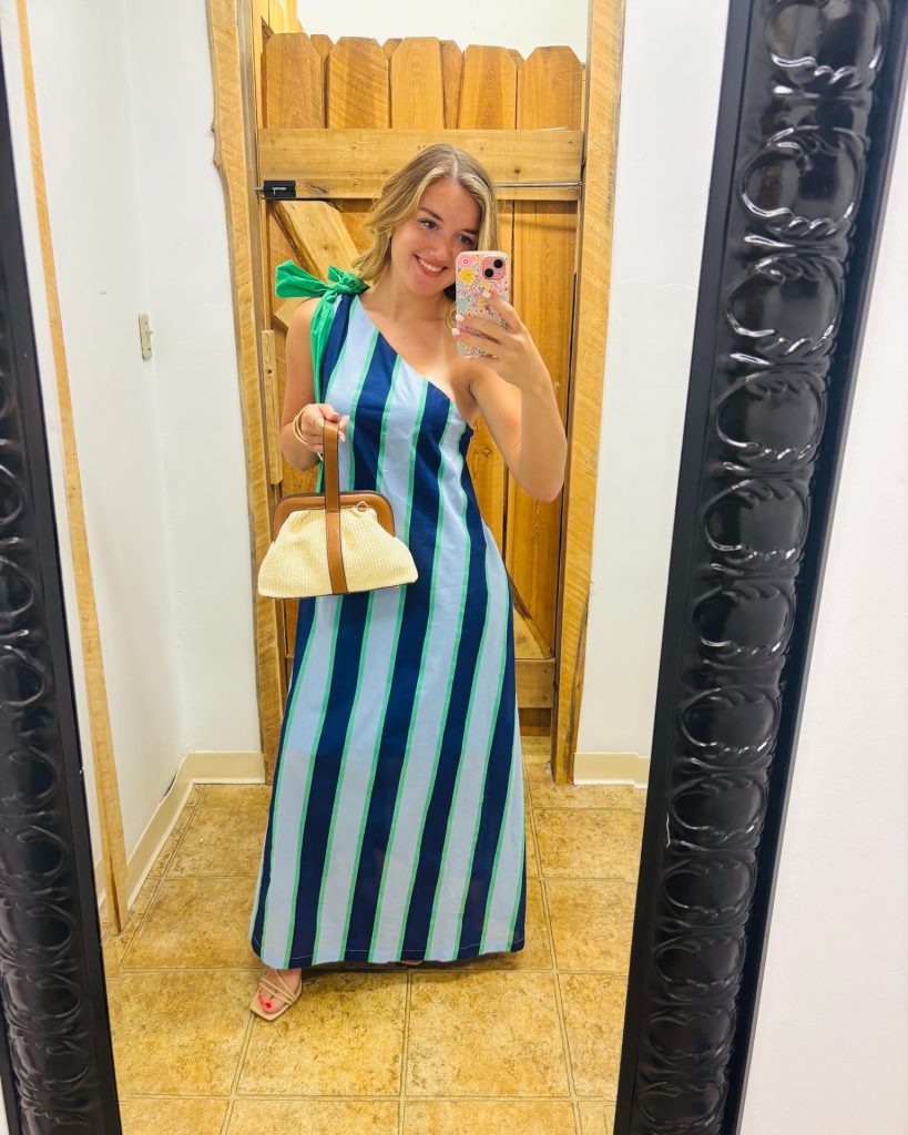 Blue Striped Maxi Dress + Green Bow Shoulder + Woven Frame Bag
