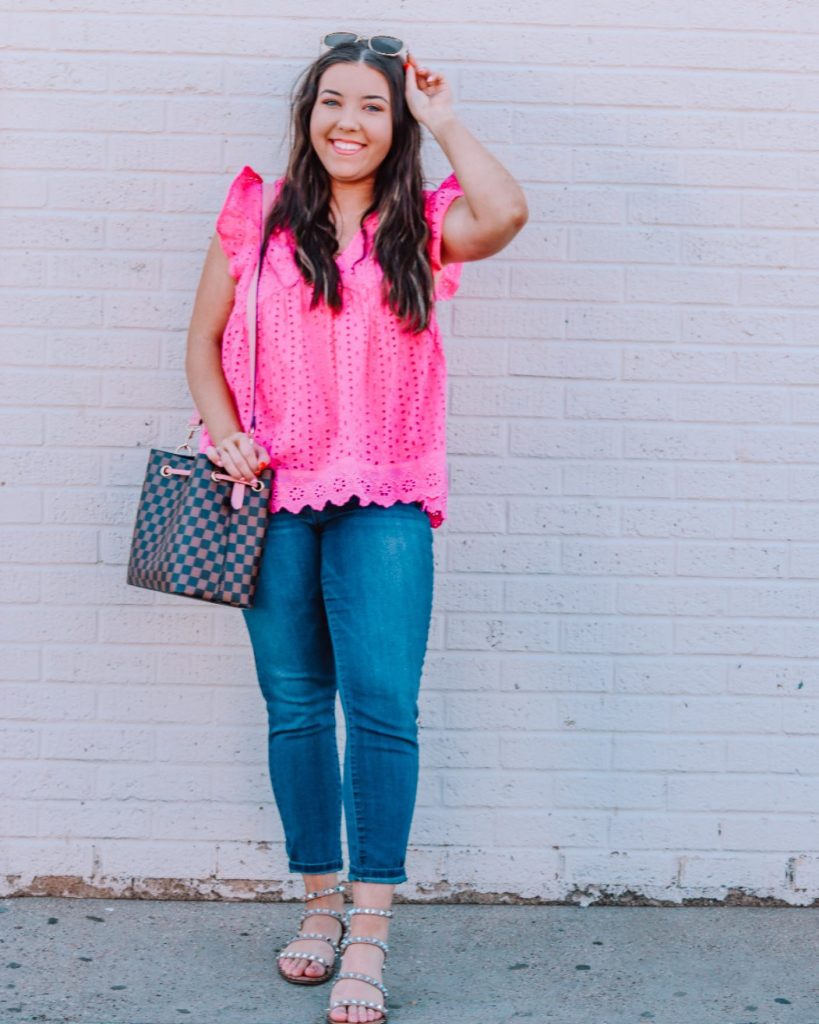 Hot Pink Eyelet Top + Slim Fit Jeans + Studded Sandals