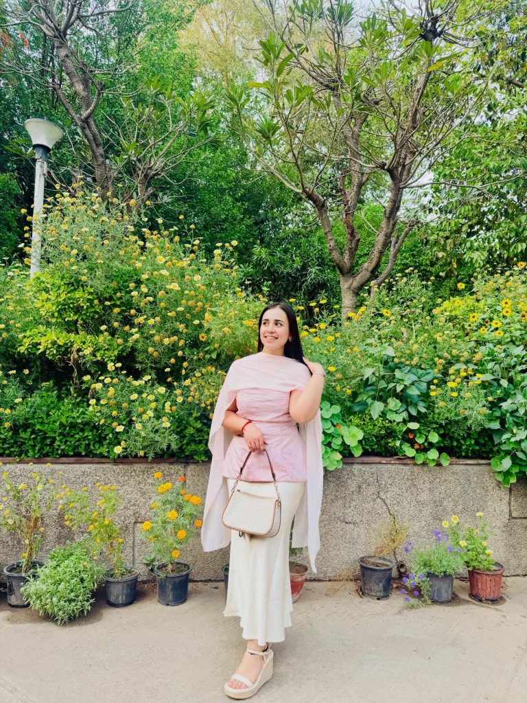 Pink Textured Top + White Maxi Skirt + Cream Wedge Sandals