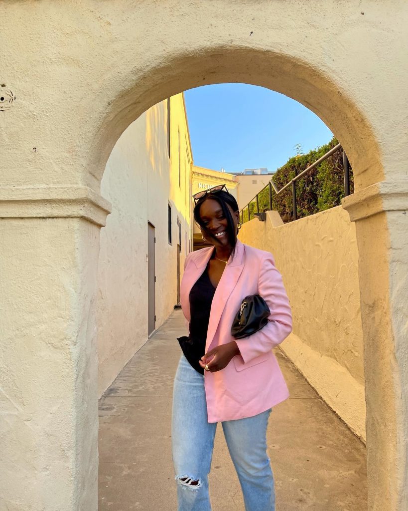 Pink Blazer + Black Top + Distressed Denim
