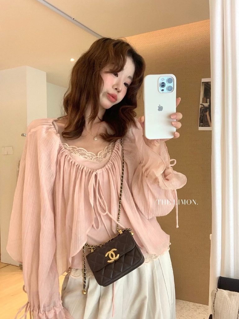 Pink Chiffon Blouse + Lace Camisole + Quilted Chain Bag