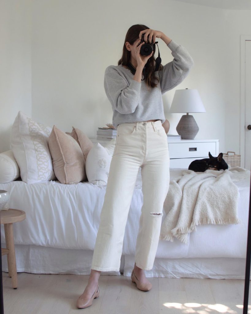 Grey Crewneck Sweatshirt + Off-White Wide Leg Jeans