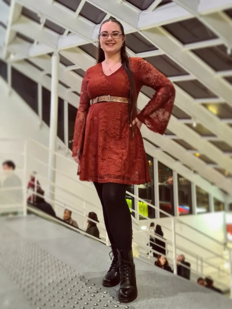 Rust Lace Mini Dress + Black Opaque Tights + Lace-up Combat Boots
