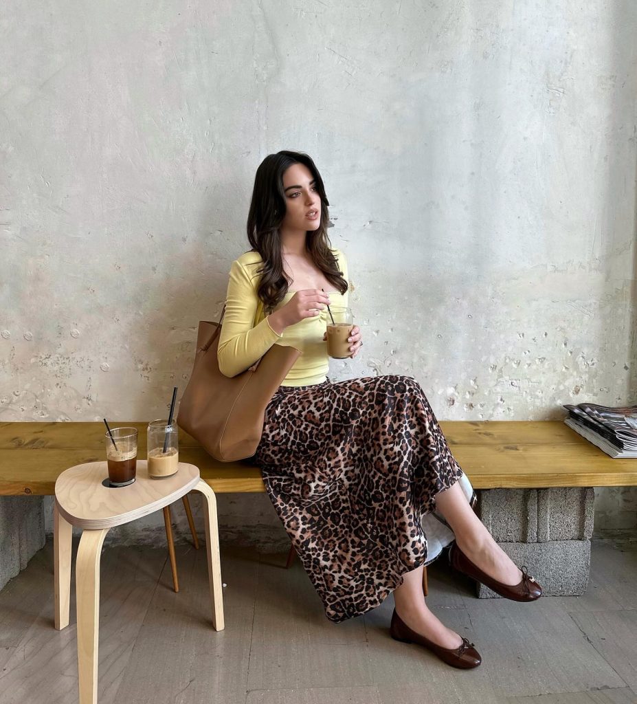  Leopard Print Skirt + Yellow Long-Sleeve Top + Brown Ballet Flats