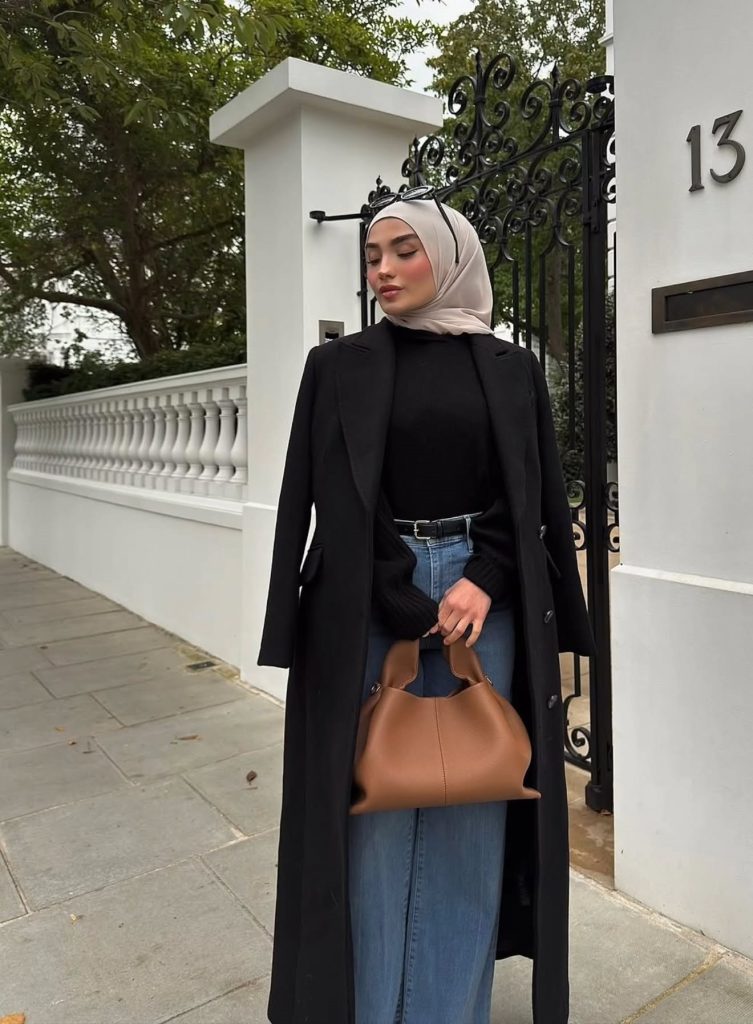 Black Overcoat + Mock Neck Top + Wide-Leg Jeans