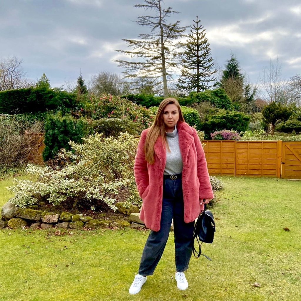  Pink Faux Fur Coat + Grey Turtleneck + Tapered Jeans