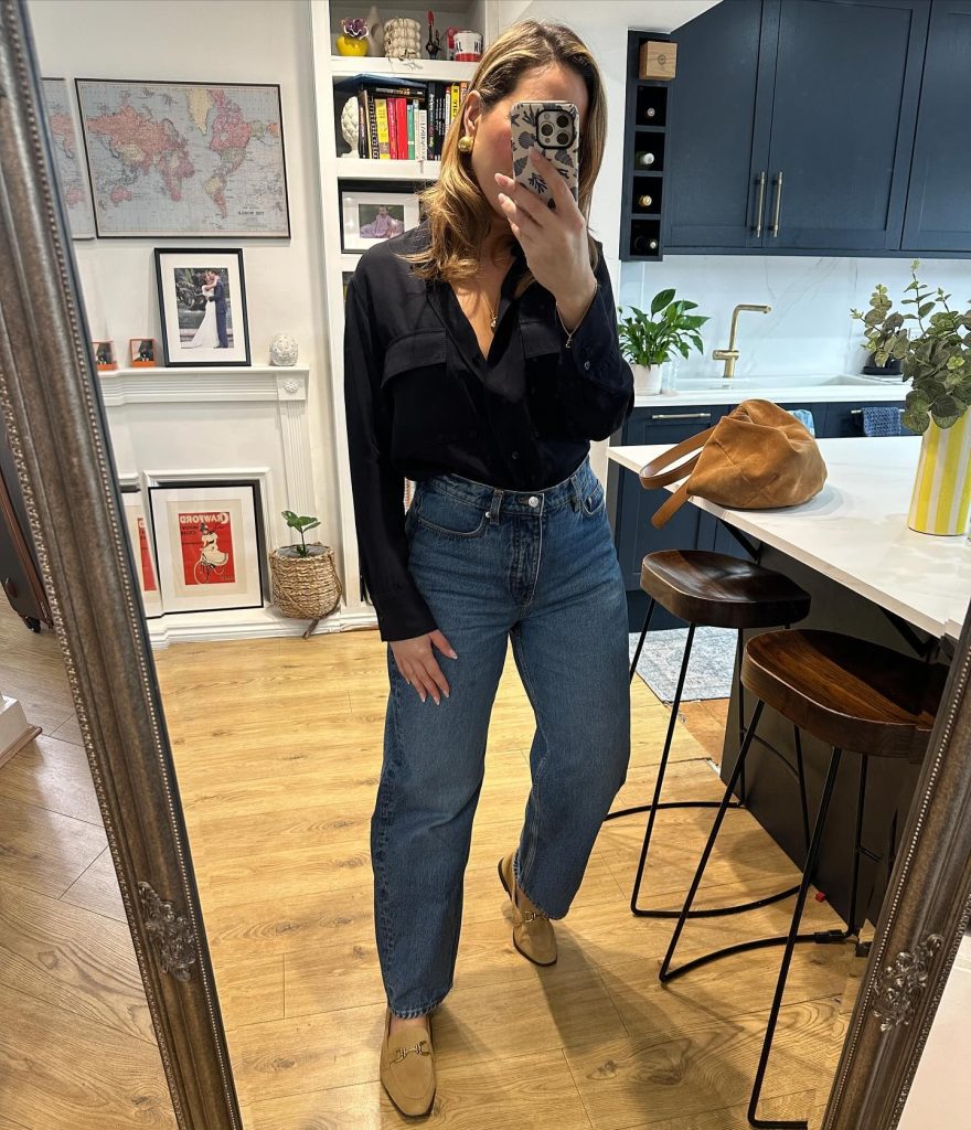 Black Utility Shirt + Mid-Wash Jeans + Tan Loafers