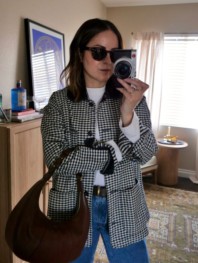 Black & White Gingham Jacket + White T-shirt + Blue Jeans