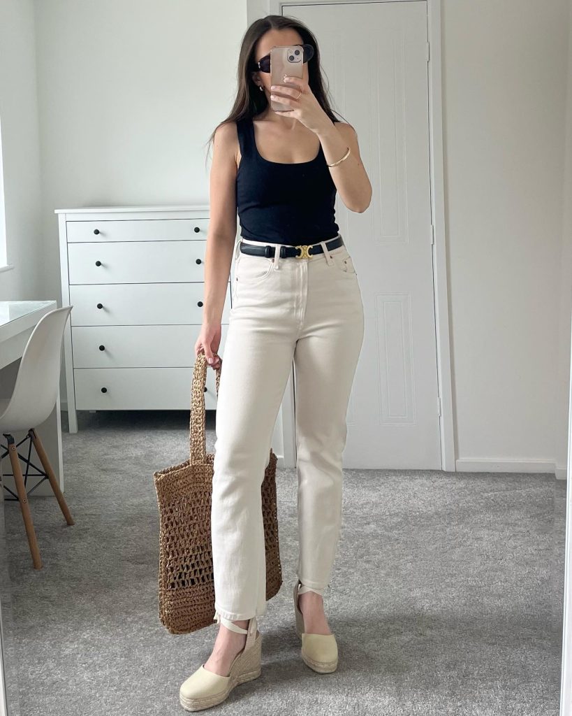 Black Tank Top + White Straight-leg Jeans + Beige Espadrilles