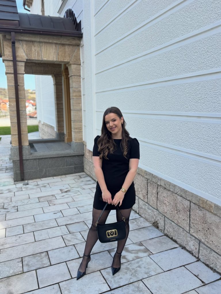 Black Mini Dress + Sheer Tights + Pointed Heels