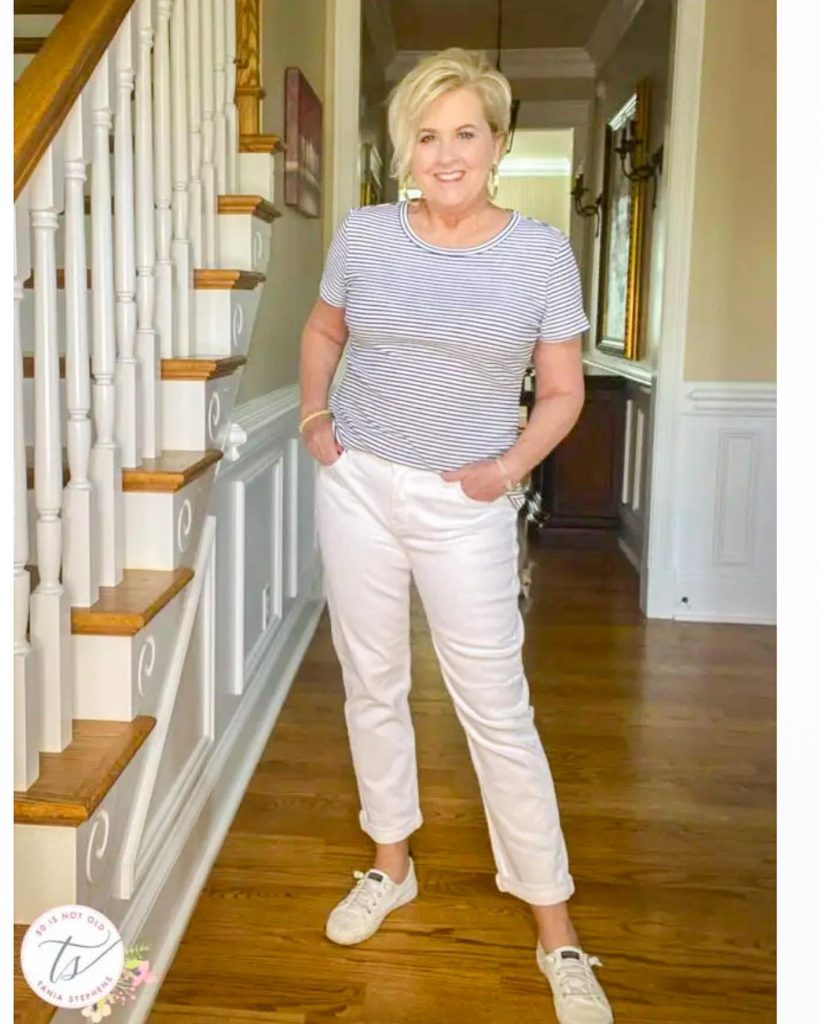 Striped Crewneck T-Shirt + White Straight-Leg Jeans