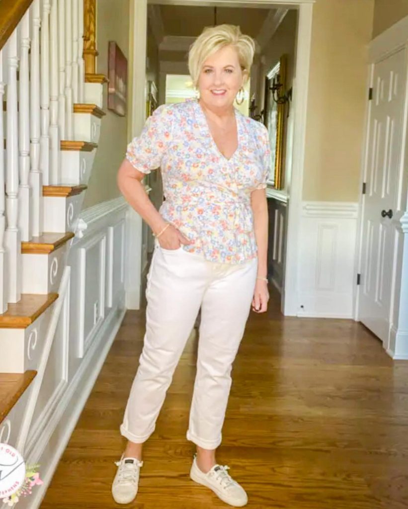 Floral Wrap Blouse + White Straight-Leg Jeans