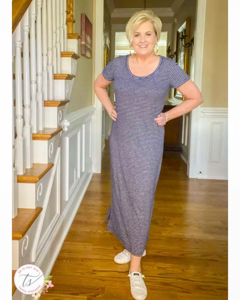 Striped Maxi Dress + White Sneakers