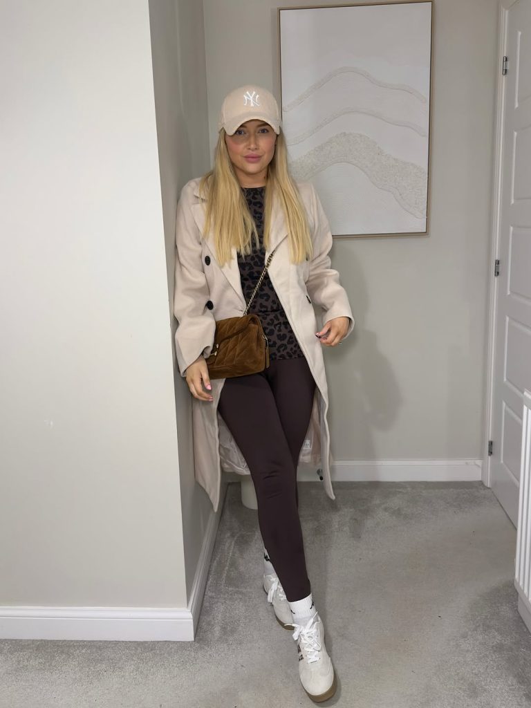 Beige Long Coat + Leopard Print Top + Dark Brown Leggings