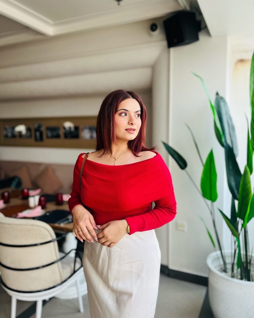 Red Ribbed Off-the-Shoulder Sweater + White Satin Skirt