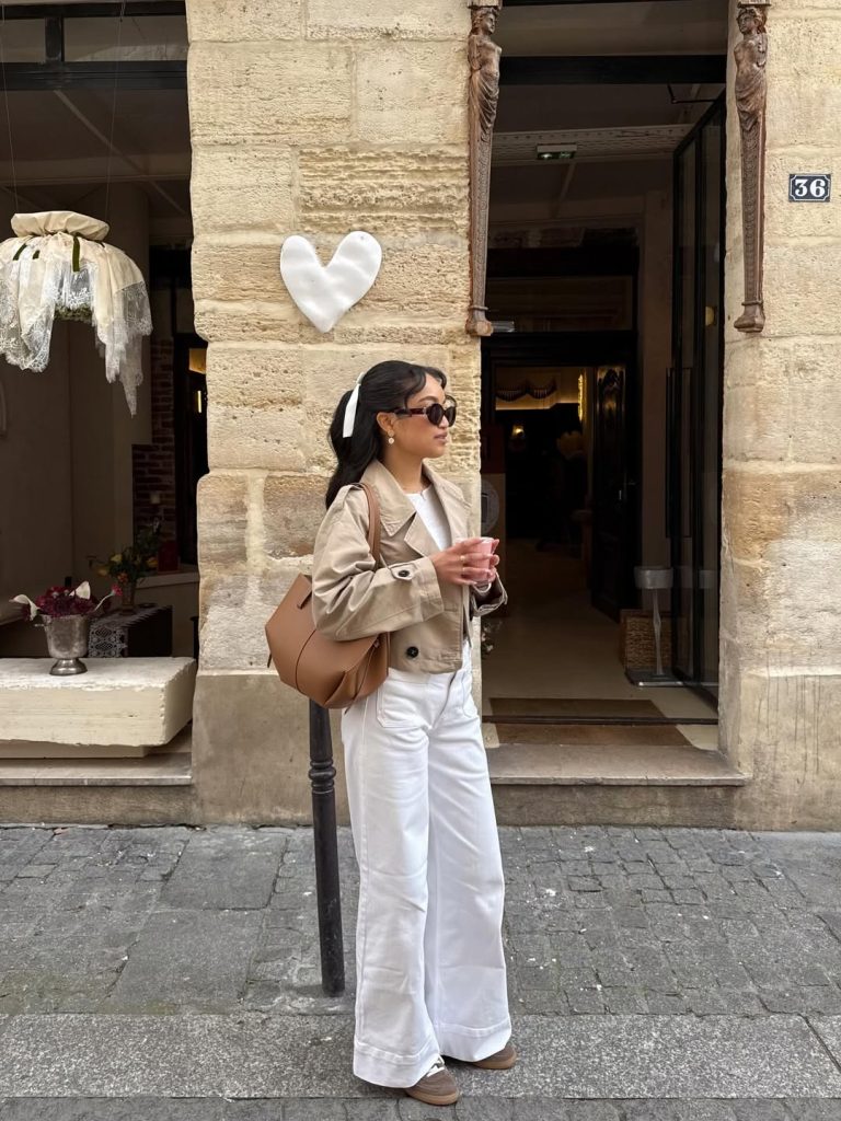 Khaki Cropped Jacket + White Wide-leg Pants + Leather Bag