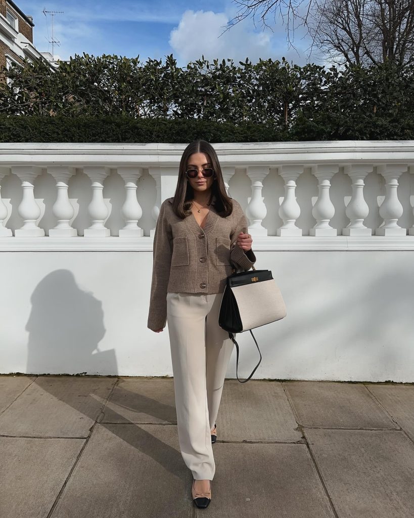Taupe Cardigan + Beige Tailored Trousers