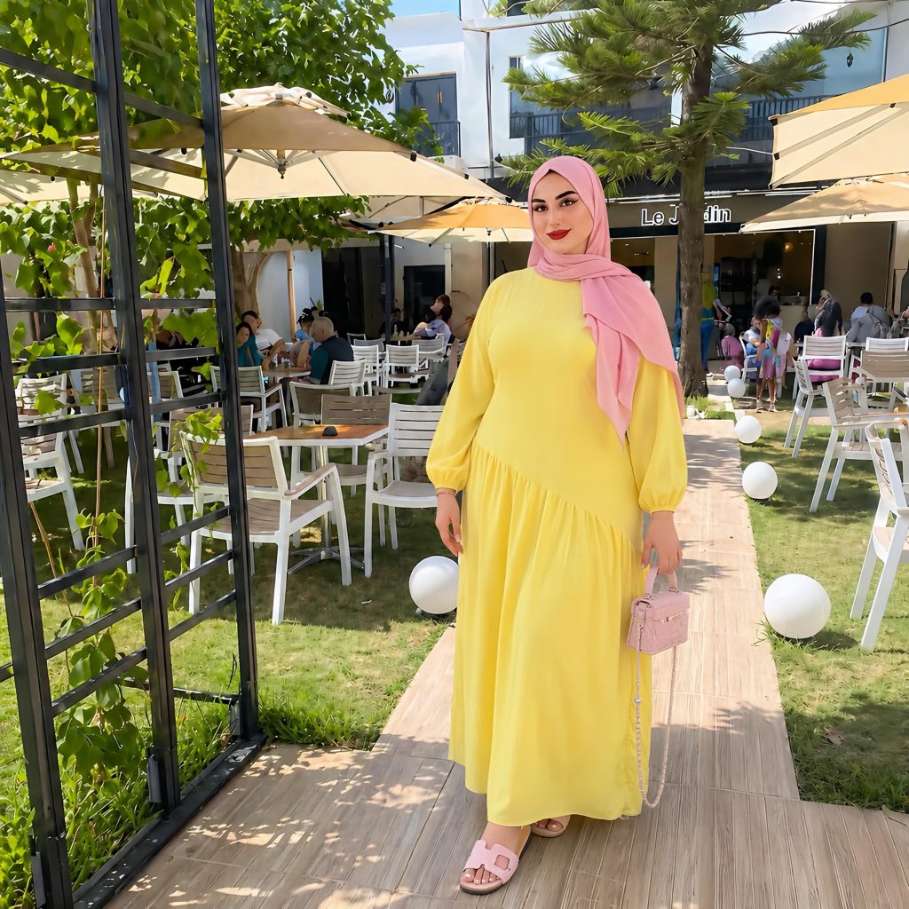 Bright Yellow Long-Sleeve Dress + Pink Hijab + Pink Handbag