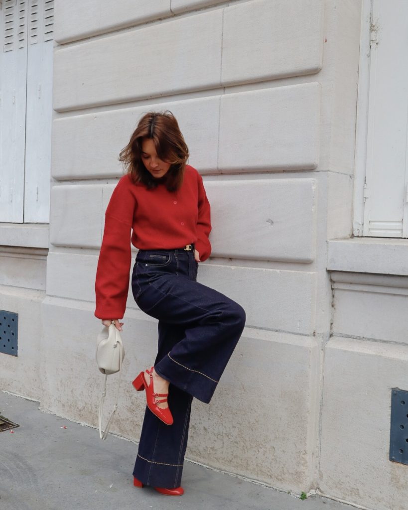 Red Button-Down Cardigan + Wide-Leg Denim
