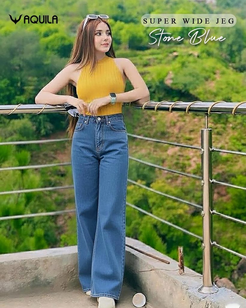 Yellow Ribbed High-Neck Top + Stone Blue Wide-Leg Jeans