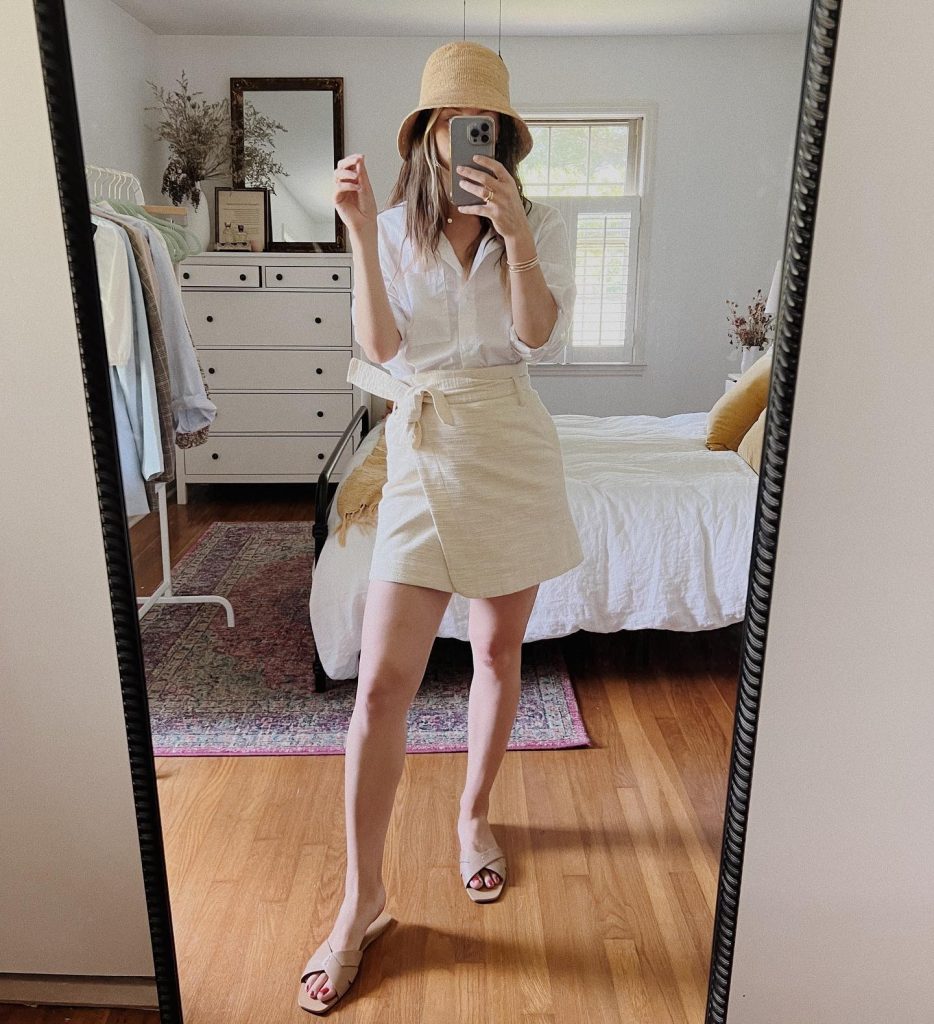 Cream Wrap Skirt + White Button-Down Shirt