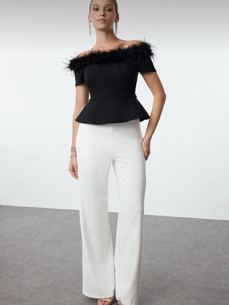 Black Feather-Trim Peplum Top + White High-Waisted Flare Pants