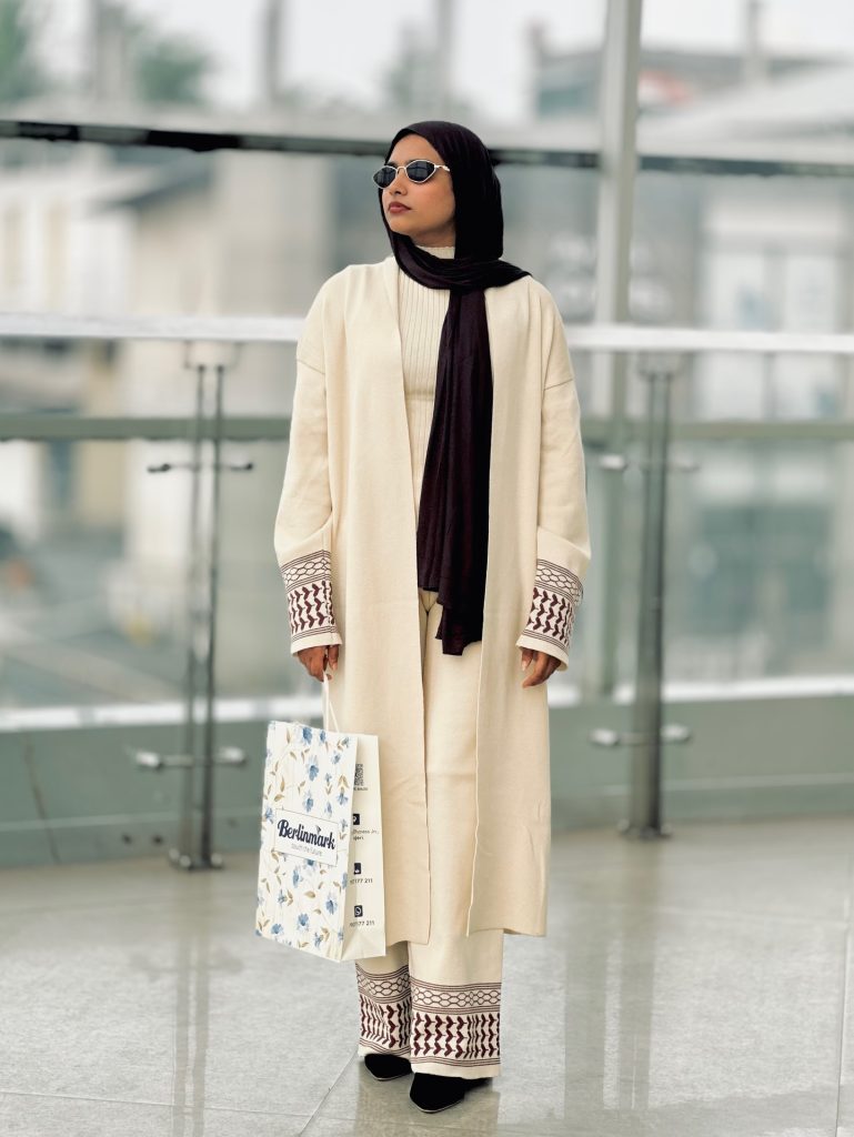 Cream Patterned Cardigan + Matching Knit Trousers
