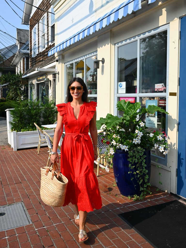 Red Eyelet Dress + Straw Tote