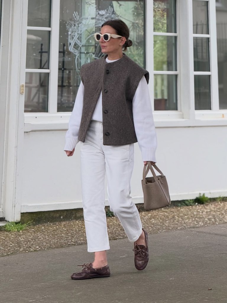 White Knit Sweater + Textured Grey Vest + White Cropped Jeans