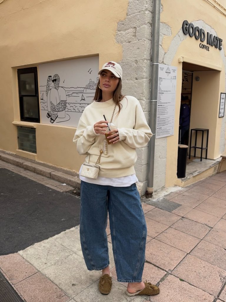 Cream Sweater + Baggy Jeans + Baseball Cap