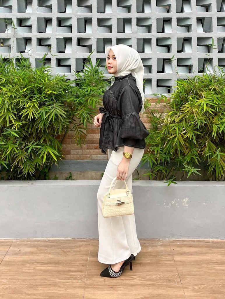 Black Peplum Top + White Flared Trousers + Hijab