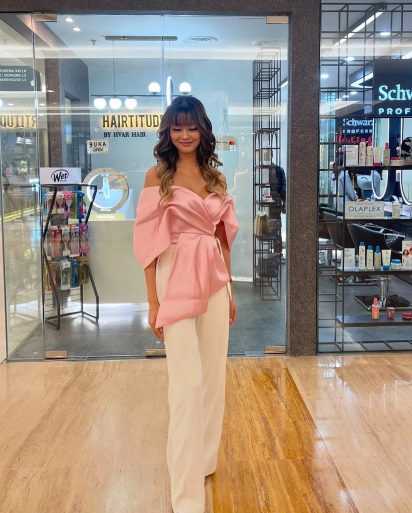 Pink Dramatic Wrap Top + White Wide-Leg Trousers
