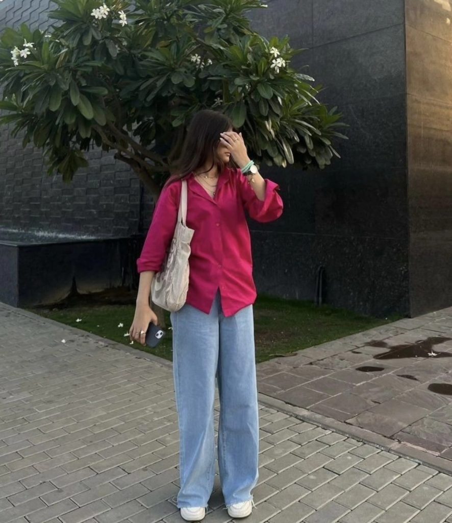  Magenta Button-Down Shirt + Baggy Light Wash Jeans