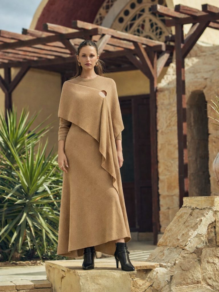 Camel Asymmetric Poncho Dress + Heeled Ankle Boots