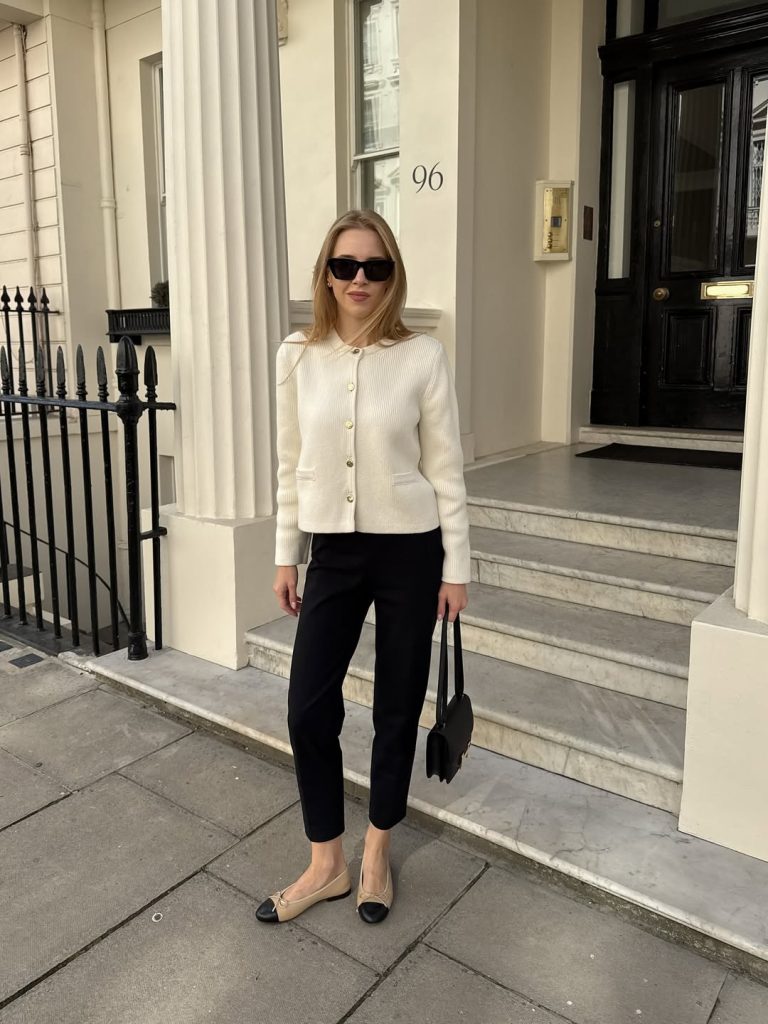 Cream Cardigan + Gold Buttons + Black Cropped Pants