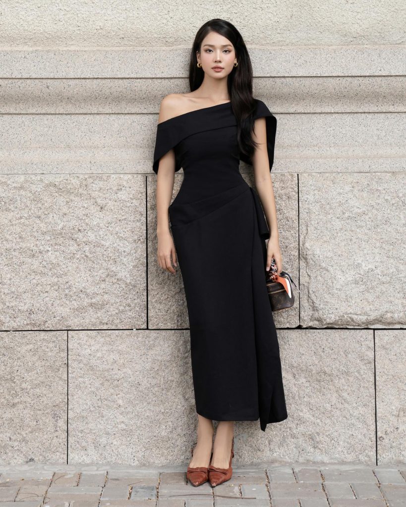 Black Asymmetrical Wrap Maxi Dress + Brown Bow Pumps