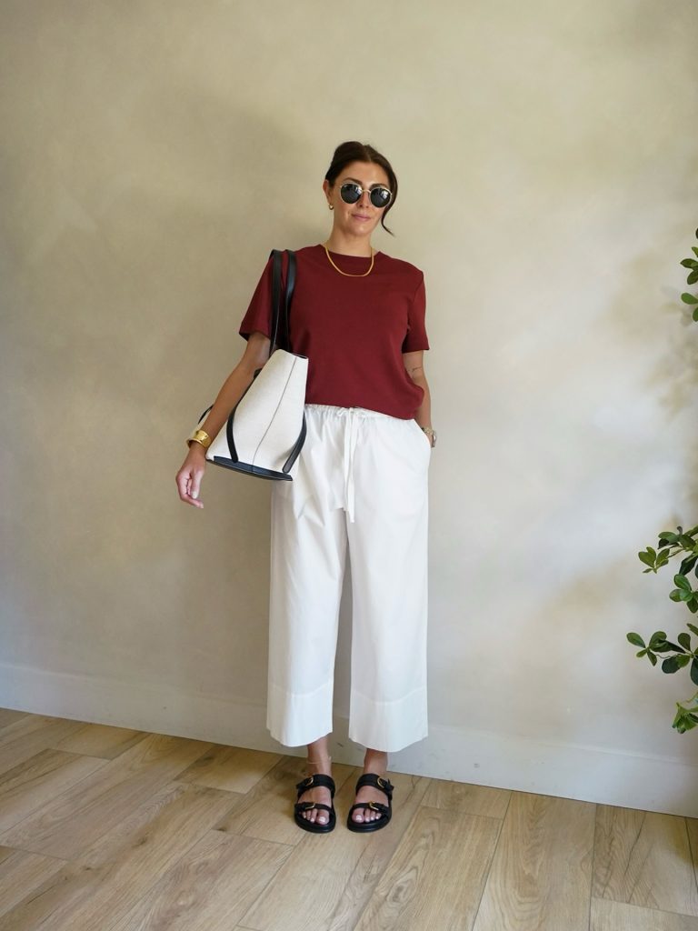 Burgundy Short-Sleeve Top + White Cropped Wide-Leg Pants