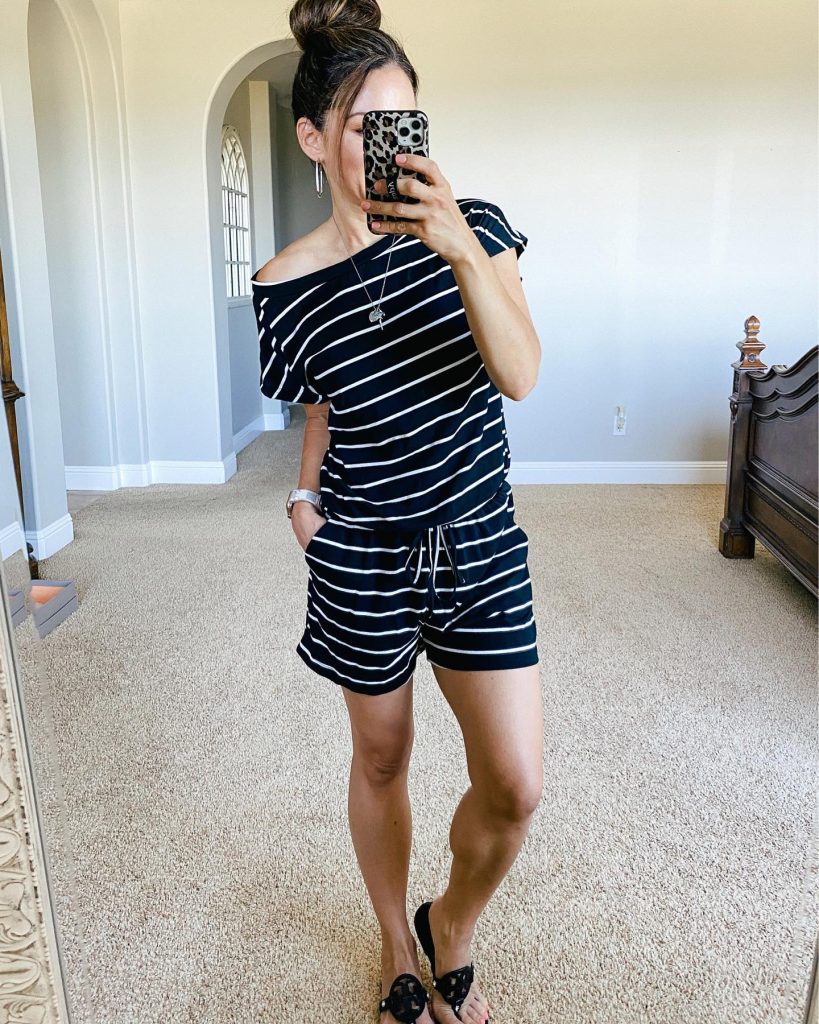 Black Off-the-Shoulder Romper + Black Flat Sandals