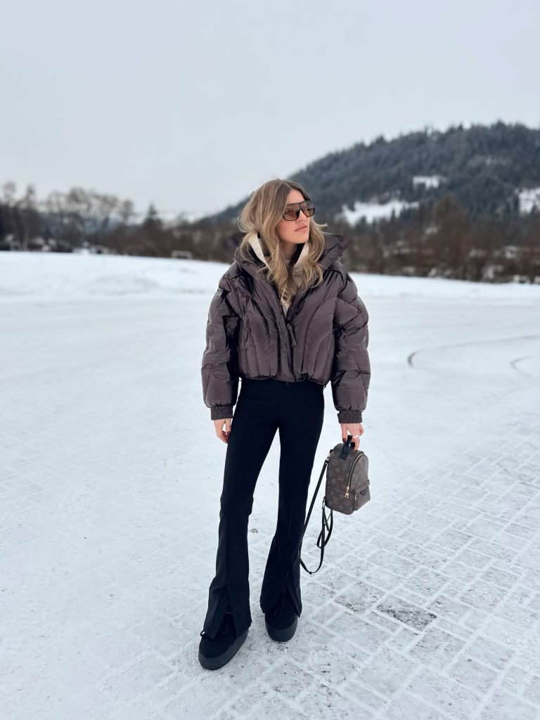 Chocolate Puffer Jacket + Black Split-Hem Flare Pants