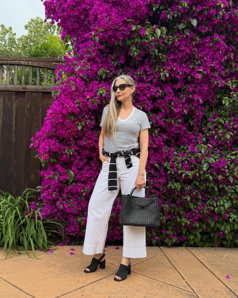 Black and White Striped T-Shirt + White Wide-Leg Jeans
