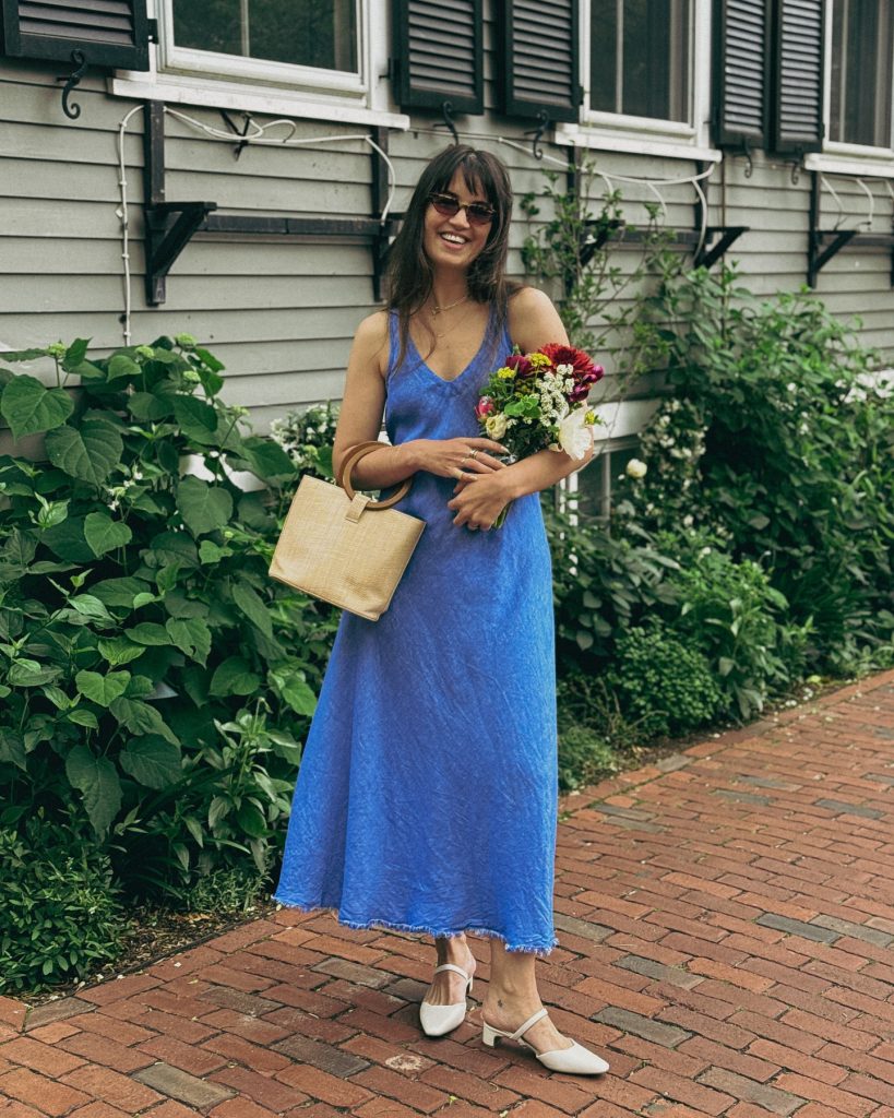Royal Blue Linen Maxi Dress + White Slingback Heels