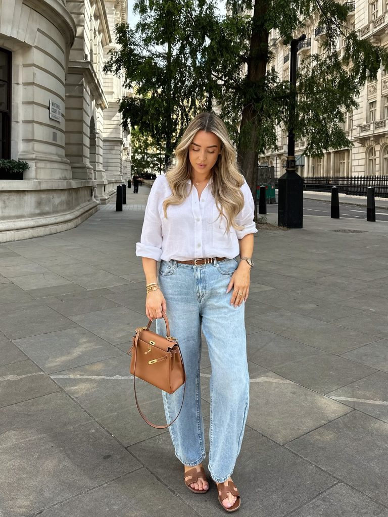 White Linen Shirt + Light Wash Baggy Jeans
