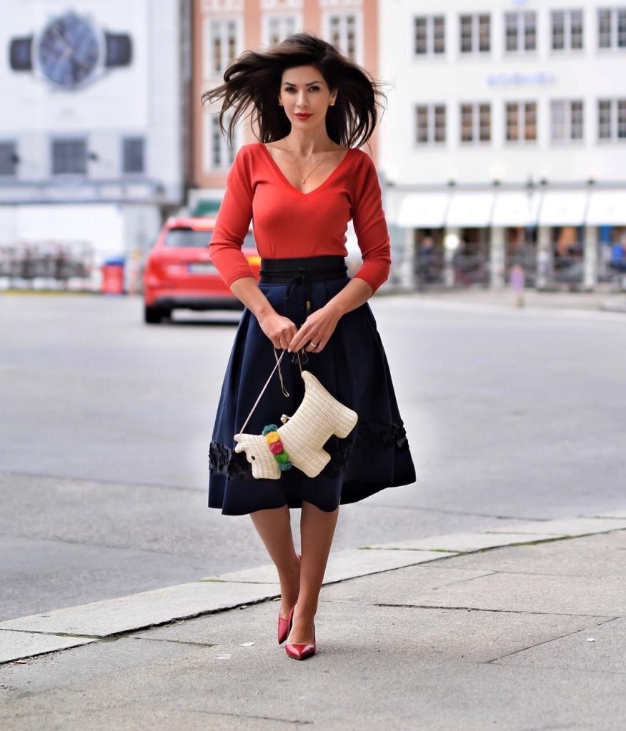 Red V-Neck Top + Navy A-Line Skirt