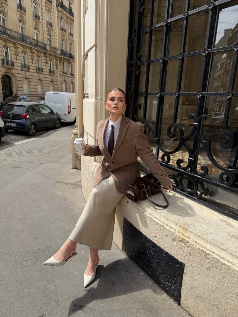 Tan Blazer + Blue Dress Shirt + Cream Midi Skirt