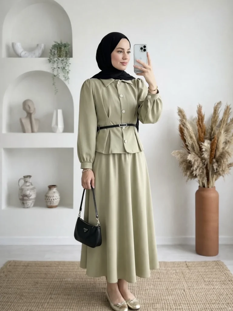 Sage Green Peplum Button-Down + Pleated Maxi Skirt