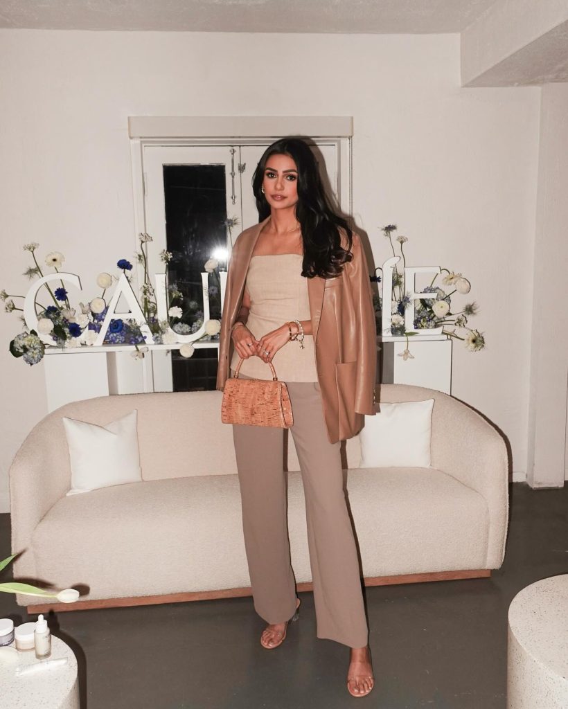 Tan Leather Blazer + Strapless Corset Top + Taupe Wide-Leg Trousers