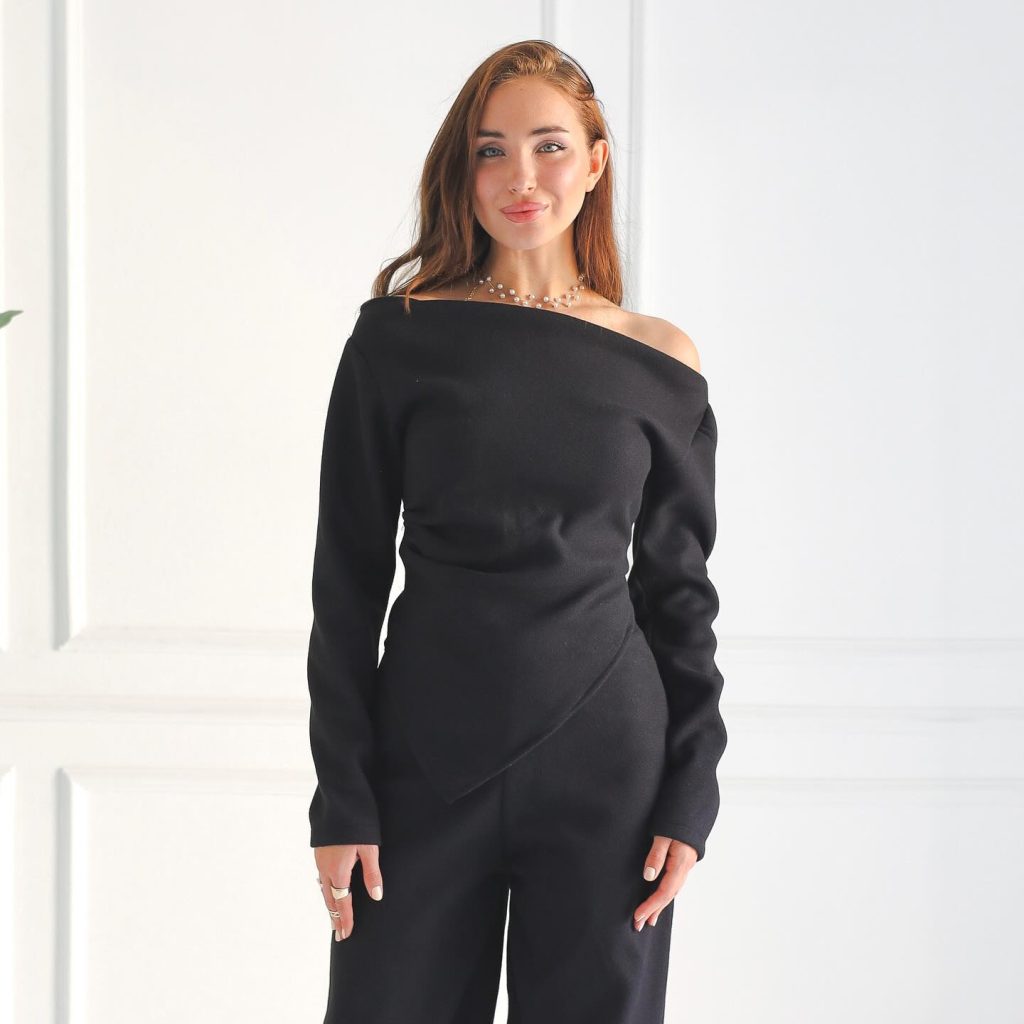 Black Off-Shoulder Top + Matching Tailored Pants + Pearl Necklace