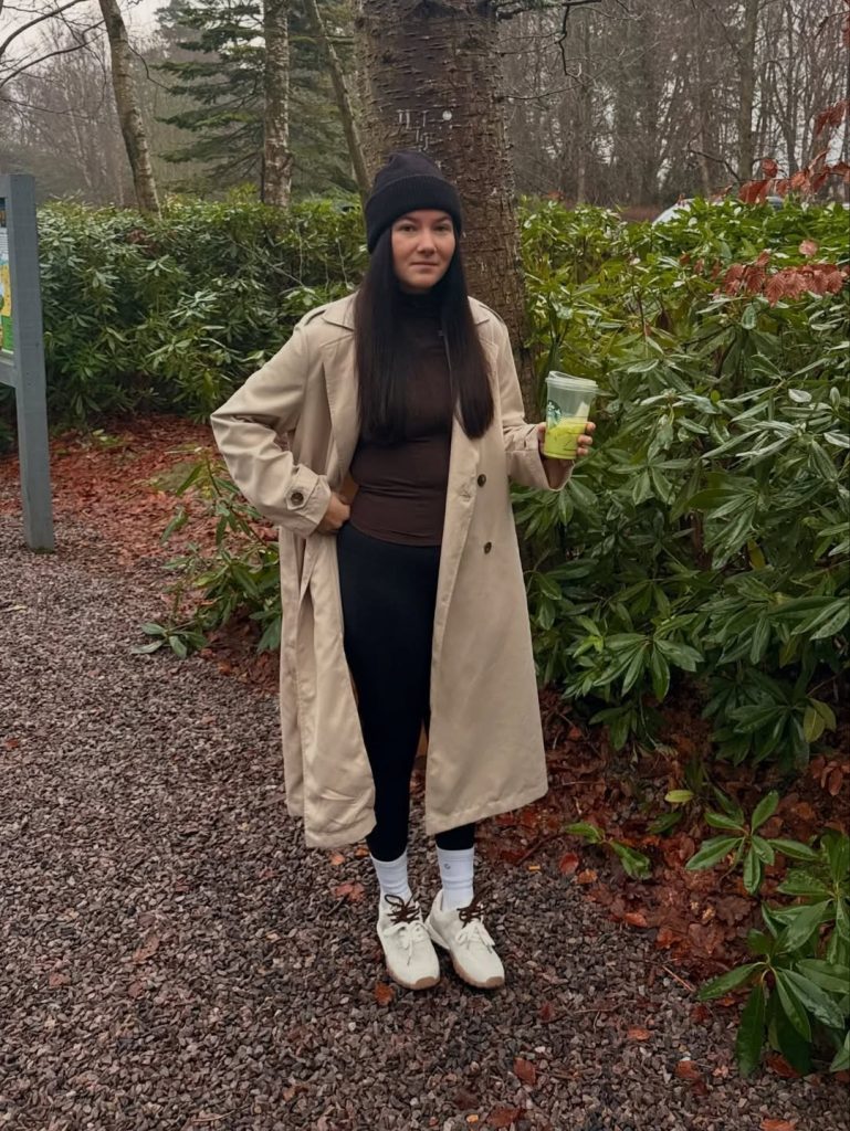 Beige Trench Coat + Brown Turtleneck + Black Leggings